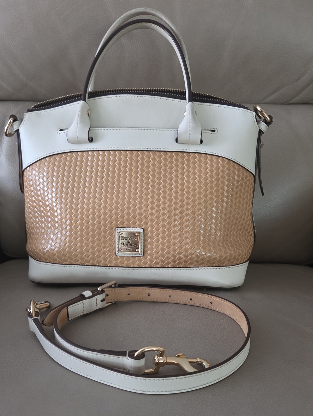 Dooney & Bourke Beige Woven and White Leather Satchel